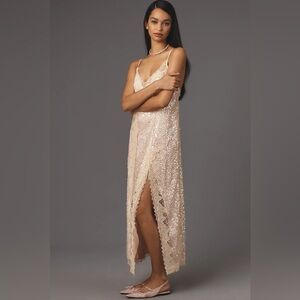 NWT! Anthropologie Pink En Elly Sleeveless V-Neck Lace Sequin Slip Midi Dress 🕸️